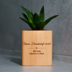 Personalisiertes Geschenk für die beste Freundin – Holzblumentopf aus Buchenholz mit Gravur 'Unsere Freundschaft wächst' und Datum, individuell mit Namen personalisierbar