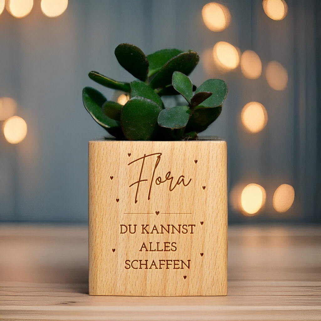 Du kannst alles schaffen Gravur auf Holzblumentopf